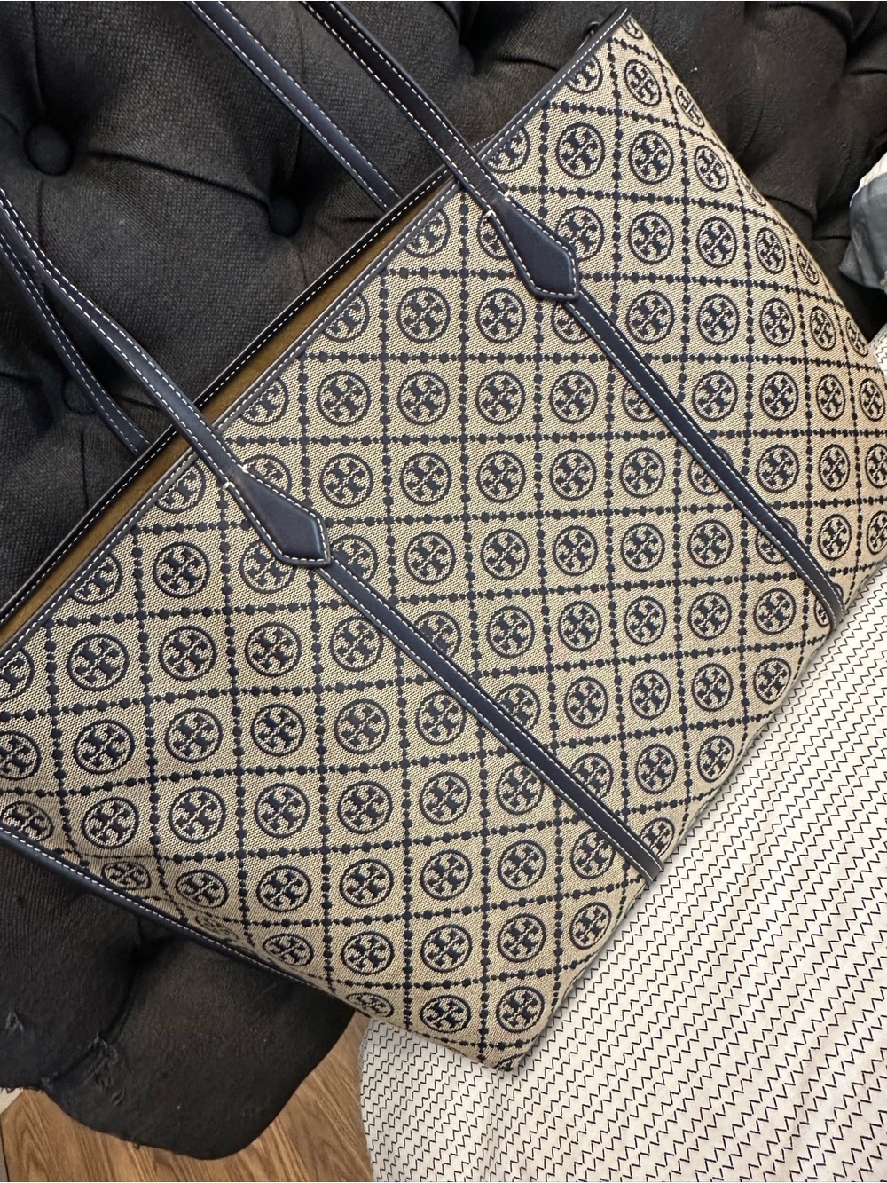 Tory Burch Navy and Beige Logo Canvas Tote